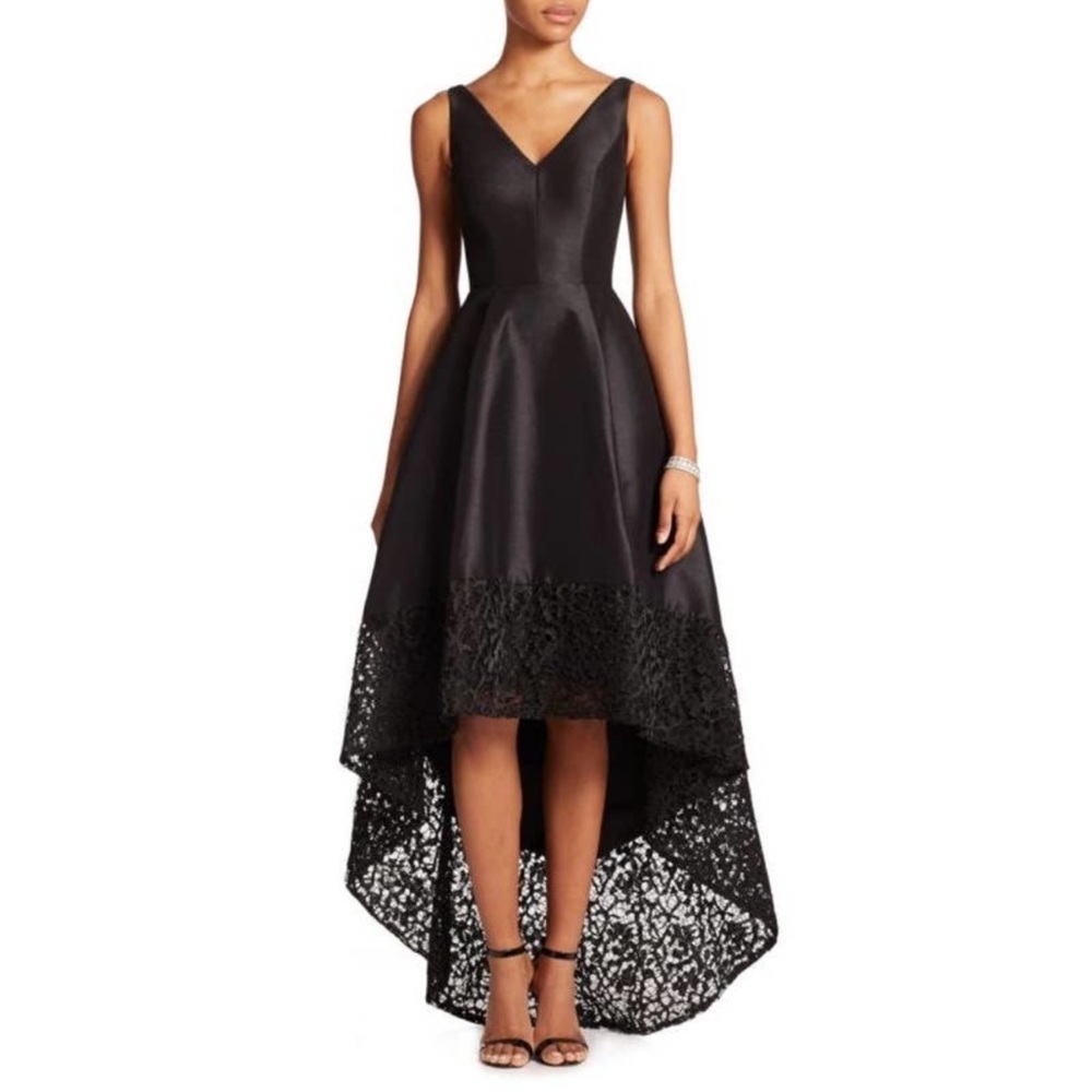 ML Monique Lhuillier Black V-Neck Sleeveless Lace Hem High-Low Dress Size 12